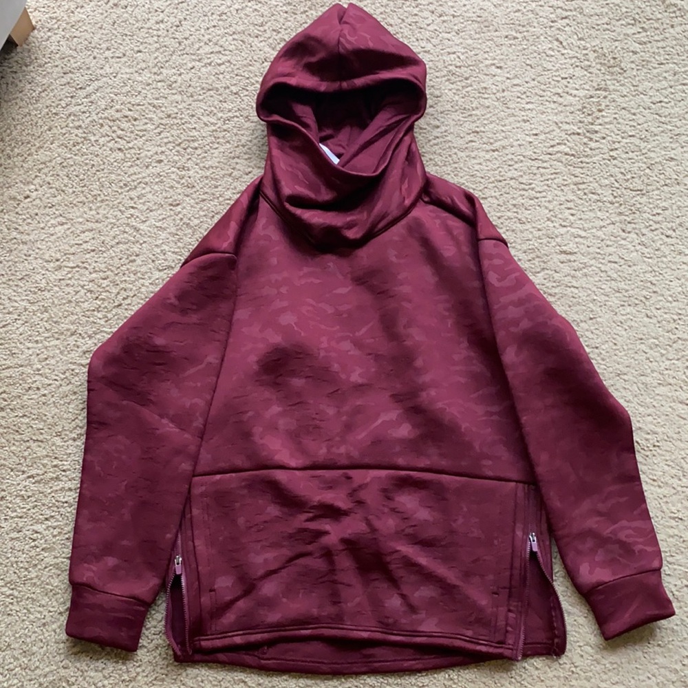 Burgundy camo cowl neck hooded sweatshirt